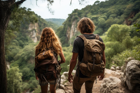 Adventurous Couple Overlooking Canyon on Hiking Tripの素材