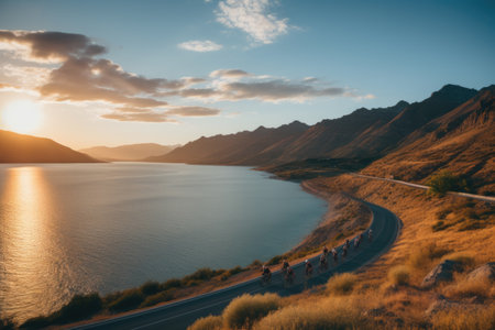 Cyclists Riding Alongside Mountain Lake at Sunsetの素材