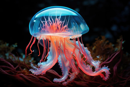Neon Jellyfish Floating in Deep Seaの素材