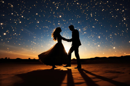 Romantic Couple Silhouette in Desert at Sunsetの素材