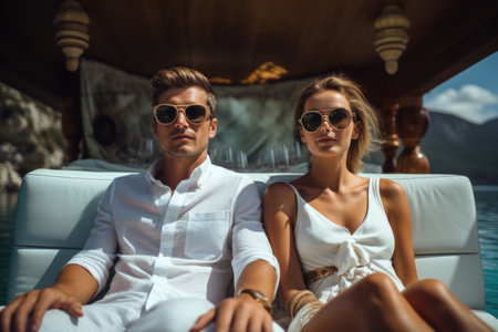 Chic Couple on Luxury Boat with Mountain Backdropの素材