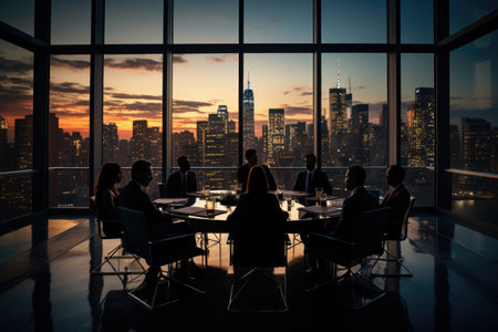 Corporate Team in a Meeting Overlooking Cityscape at Duskの素材