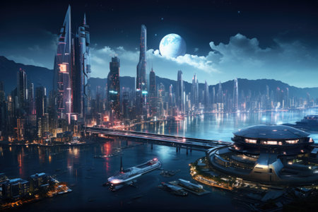 Futuristic Cityscape with Skyscrapers and Flying Vehiclesの素材