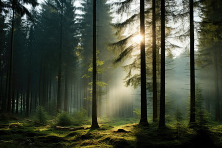Mystical Forest with Sunlight Filtering Through Treesの素材