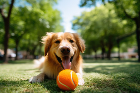 : Happy Golden Retriever with Tennis Ballの素材