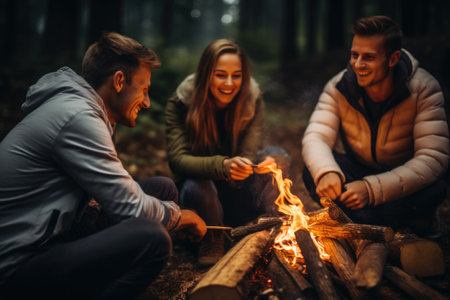 Friends Enjoying a Cozy Campfire in the Woodsの素材
