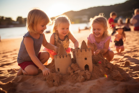 Children Building Sandcastle on Sunny Beachの素材
