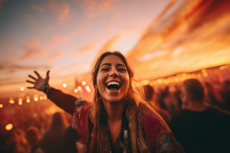 Joyful Woman Embracing Music Festival Vibesの素材