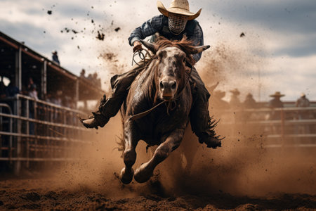 Bull Riding Cowboy in Action at Rodeoの素材