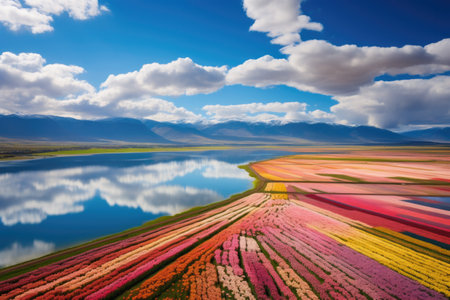 Reflection of Flower Fields on a Calm Lakeの素材