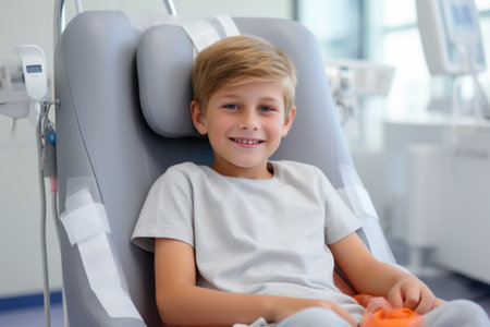 Smiling Boy in Hospital Patient Chairの素材