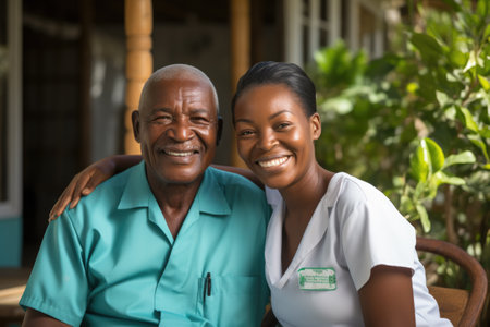 Smiling Elderly Man and Female Nurse Outdoorsの素材