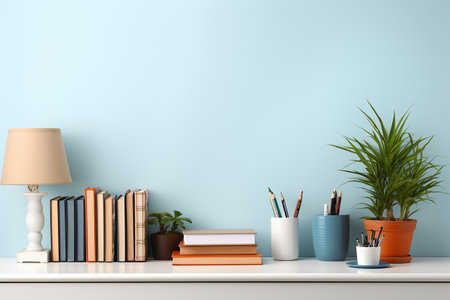 : Contemporary Shelf Decor with Books and Plantの素材