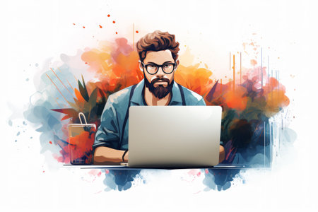 Digital Illustrator with Vibrant Creative Backdropの素材