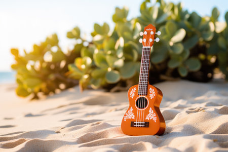 Ukulele on Sandy Beach with Foliageの素材
