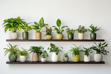 Assorted Potted Indoor Plants on Shelvesの写真素材