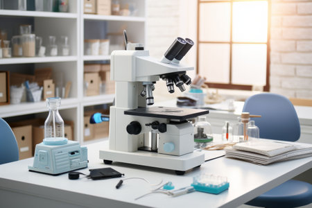 Laboratory Microscope on Researchers Deskの素材