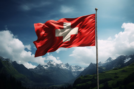 Swiss Flag Waving Against Majestic Alpine Mountainsの素材