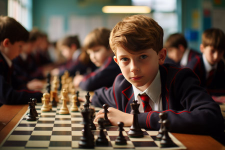 Young Boy Playing Chess in School Uniformの素材