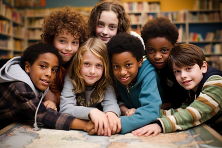 Diverse Group of Children Bonding Over a World Mapの素材