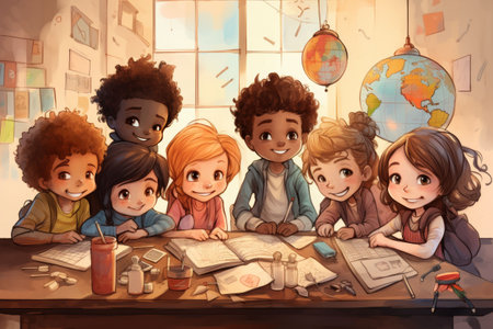 Animated Children Studying with a Globeの素材
