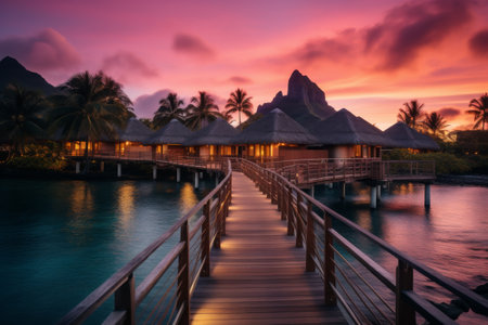 Tropical Overwater Bungalows at Sunsetの素材