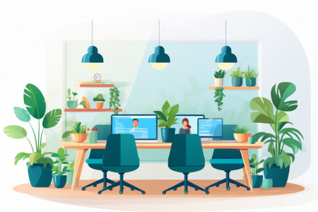 Modern Office Space with Green Plants and Computersの素材