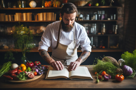 Chef Reading Recipe Book Amongst Fresh Produceの素材