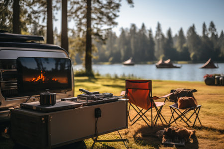Outdoor Camping Kitchen with a View of the Lakeの素材