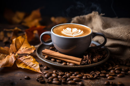 Artistic Coffee Cup with Latte Art and Autumn Leavesの素材