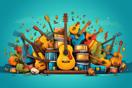 Vibrant Illustration of Guitars and Musical Instrumentsの素材