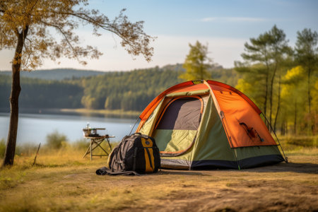 Lakeside Camping Site with Tent and Backpackの素材