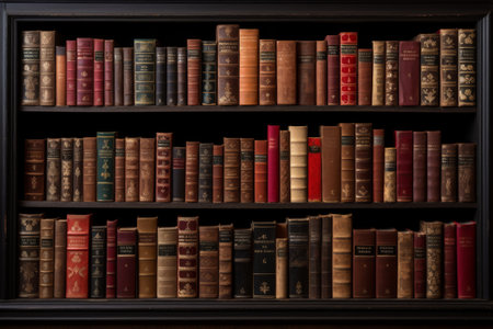 Antique Book Collection on a Dark Wooden Shelfの素材