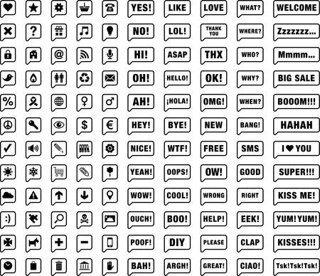 Set of speech-bubbles with different icons, onomatopoeiasのイラスト素材
