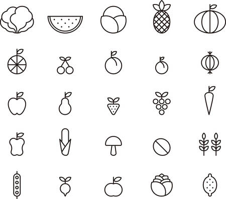 Set of outlined icons related to FRUITS and VEGETABLESのイラスト素材