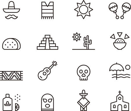 Set of outlined icons related to MEXICOのイラスト素材