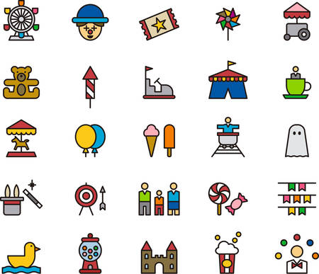 AMUSEMENT PARK outlined and colored iconsのイラスト素材