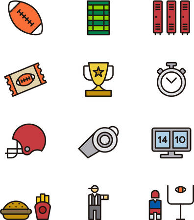 AMERICAN FOOTBALL outlined and colored iconsのイラスト素材