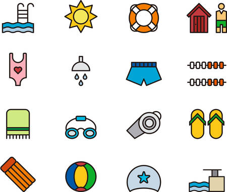 SWIMMING POOL outlined and colored iconsのイラスト素材