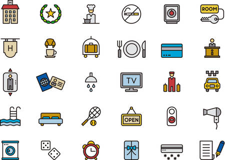 HOTEL & TRAVEL outlined and colored iconsのイラスト素材
