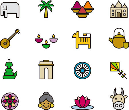 INDIA outlined and colored iconsのイラスト素材