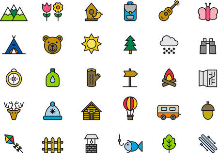 NATURE, CAMPING, HIKING & OUTDOOR ACTIVITIES colored outline iconsのイラスト素材
