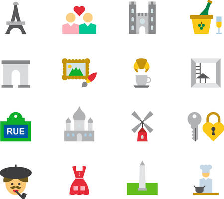 PARIS & FRANCE colored flat iconsのイラスト素材
