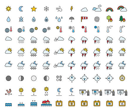 Weather Forecast & Meterology filled line iconsのイラスト素材