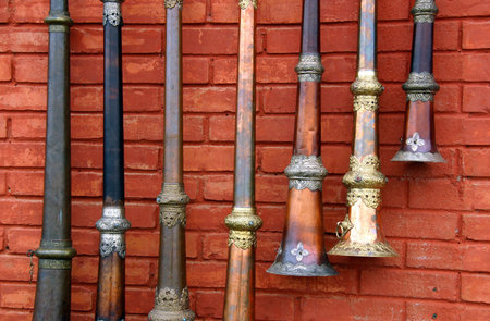 Trumpets of different sizes and colors in Nepal