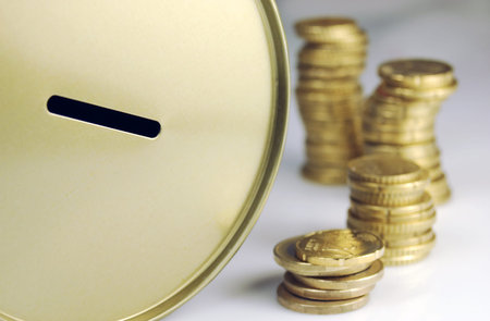 Coins and piggy bank to save money の写真素材