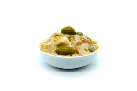 Russian salad, Spanish appetizer called tapa with mayonnaise, potatoes, carrotsの写真素材