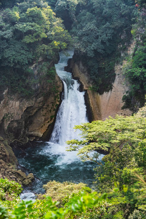 The Atoyac Waterfall in Veracruz is a natural haven of clear water surrounded by lush vegetation. Its cascade forms a cool, luminous pool, perfect for relaxation.の写真素材