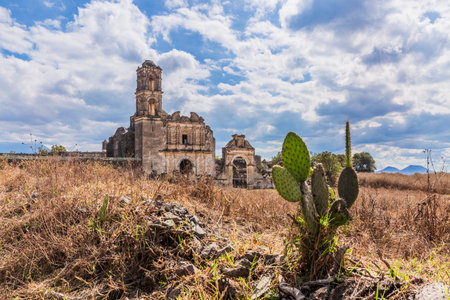 The Ex Hacienda Caxcantla, in the Municipality of Aljojuca, State of Puebla, is an old agricultural complex surrounded by semi-desert landscapes.の写真素材