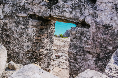 Tulum Archaeological Zone, Quintana Roo, Mexico. It is an ancient walled Mayan city, built facing the Caribbean Sea. Famous for its main temple, "El Castillo".の写真素材